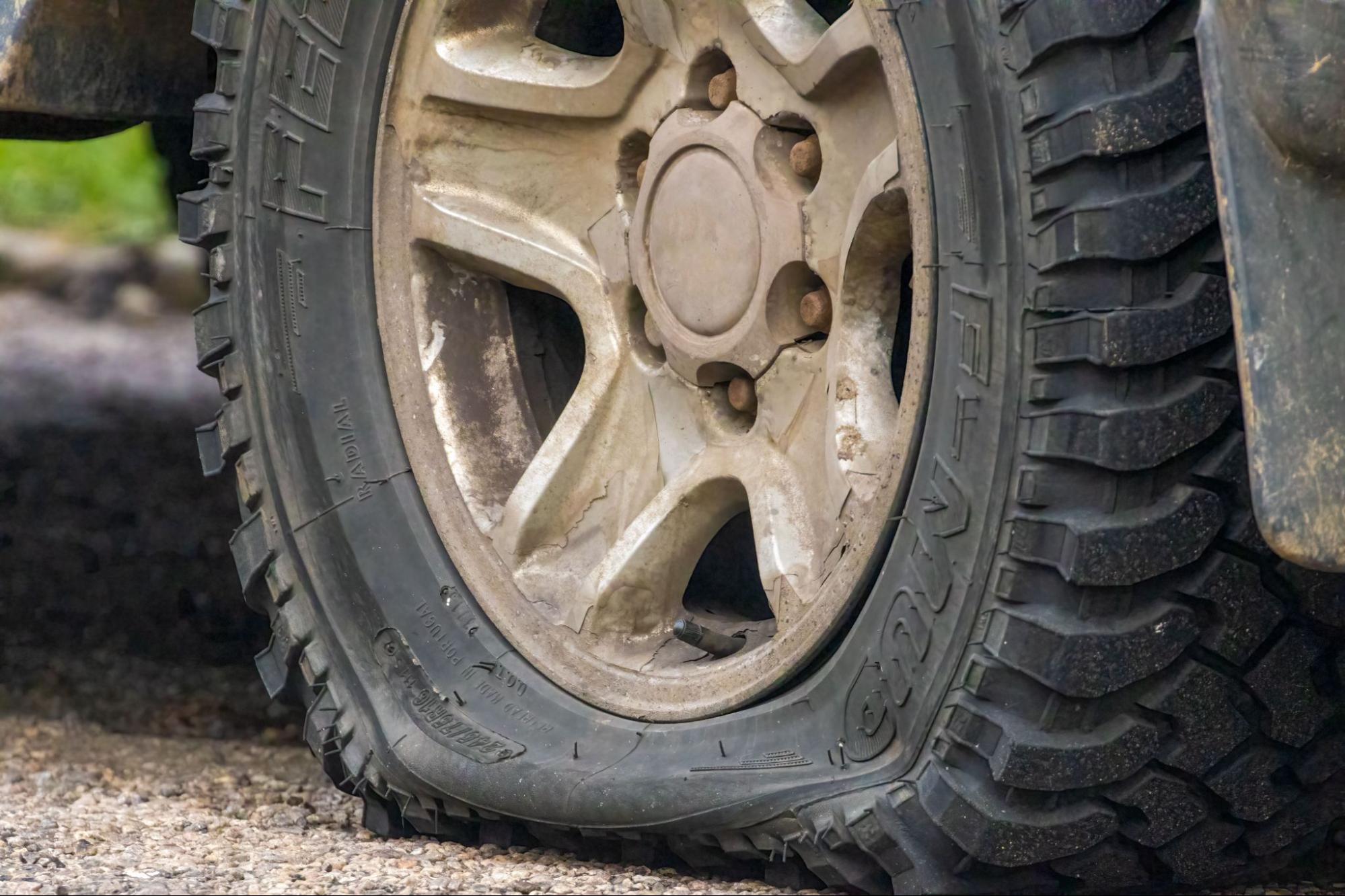 Close-up of a vehicle wheel with a punctured flat tire